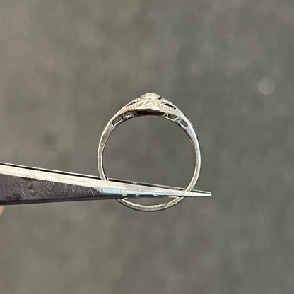 Antique Art Deco Diamond + Sapphire + 18k White Gold Ring - Sz.8
