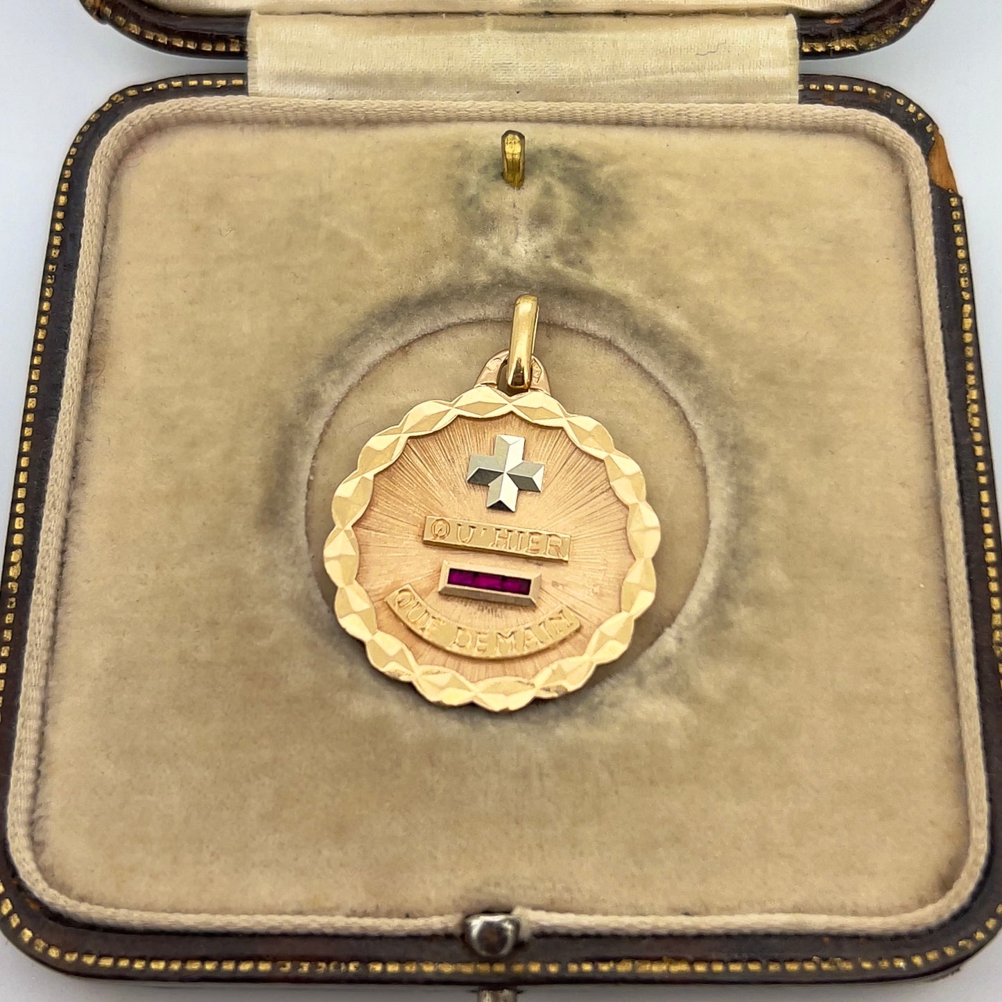Antique Art Deco Ruby + 18k Yellow Gold Augis Love Token Pendant