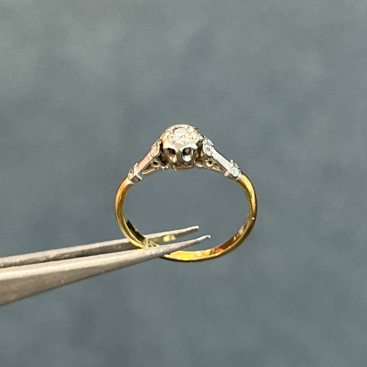 Antique Victorian Diamond + 18k Yellow Gold + Platinum Star Set Solitaire Ring - Sz 5