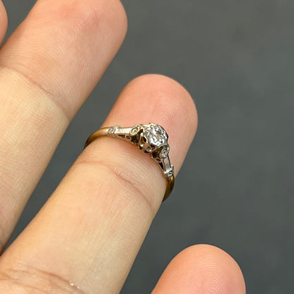 Antique Victorian Diamond + 18k Yellow Gold + Platinum Star Set Solitaire Ring - Sz 5