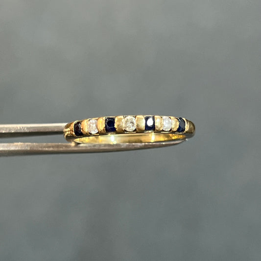 Vintage Blue Sapphire + Diamond + 9k Yellow Gold 7 Stone Eternity Ring - Sz 6.5