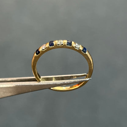 Vintage Blue Sapphire + Diamond + 9k Yellow Gold 7 Stone Eternity Ring - Sz 6.5