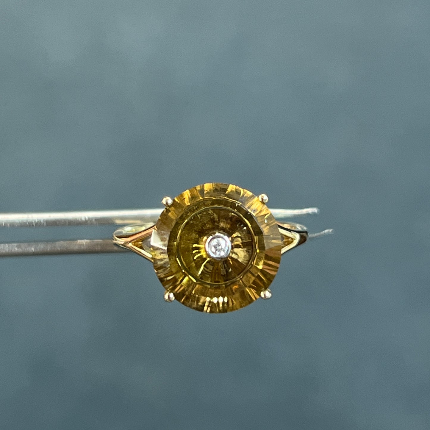 Estate Citrine + Diamond + 9k Yellow Gold In-Set Ring  - Sz 7