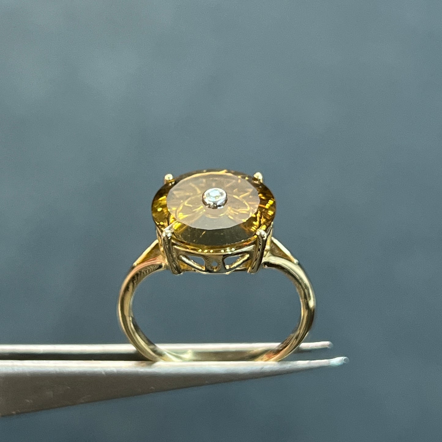Estate Citrine + Diamond + 9k Yellow Gold In-Set Ring  - Sz 7