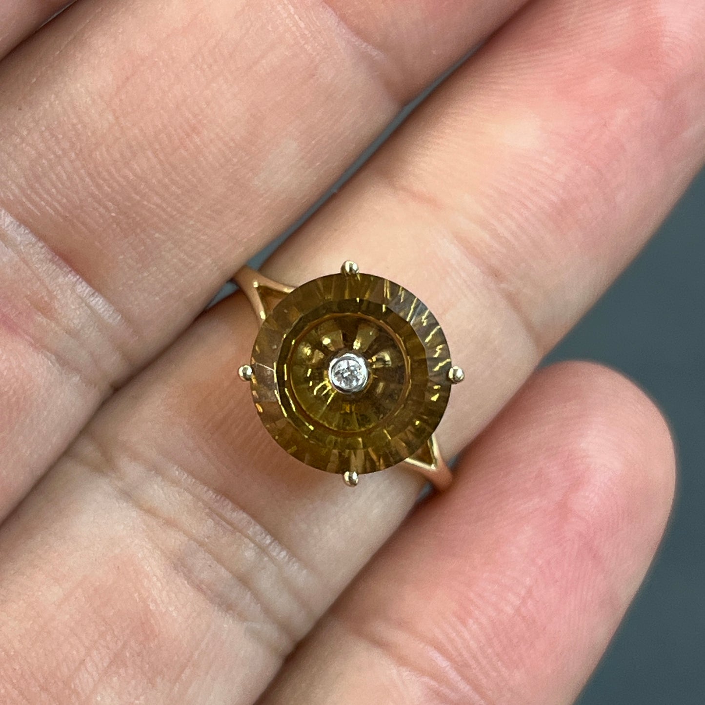 Estate Citrine + Diamond + 9k Yellow Gold In-Set Ring  - Sz 7