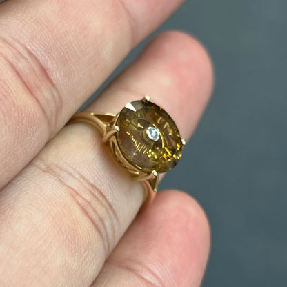 Estate Citrine + Diamond + 9k Yellow Gold In-Set Ring  - Sz 7