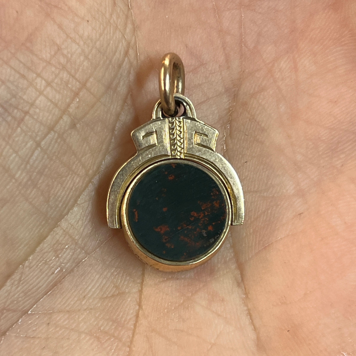 Antique Victorian Bloodstone + 9k Yellow Gold Flipper Fob Pendant