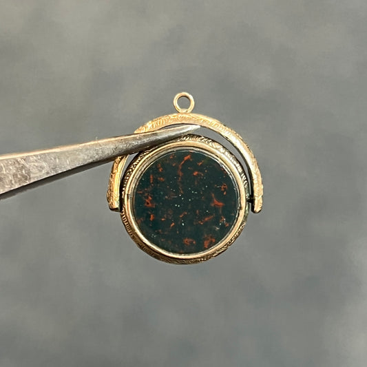 Vintage Bloodstone + Carnelian + 9k Yellow Gold Flipper Fob Pendant