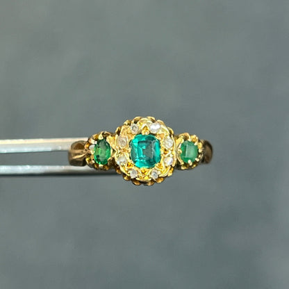 Antique Victorian Emerald + Diamond + 18k Yellow Gold Ring - Sz 7.25