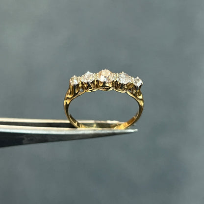 Antique Victorian Old European Cut Diamond + 18k Yellow Gold + Platinum 5 Stone Ring - Sz 5.5