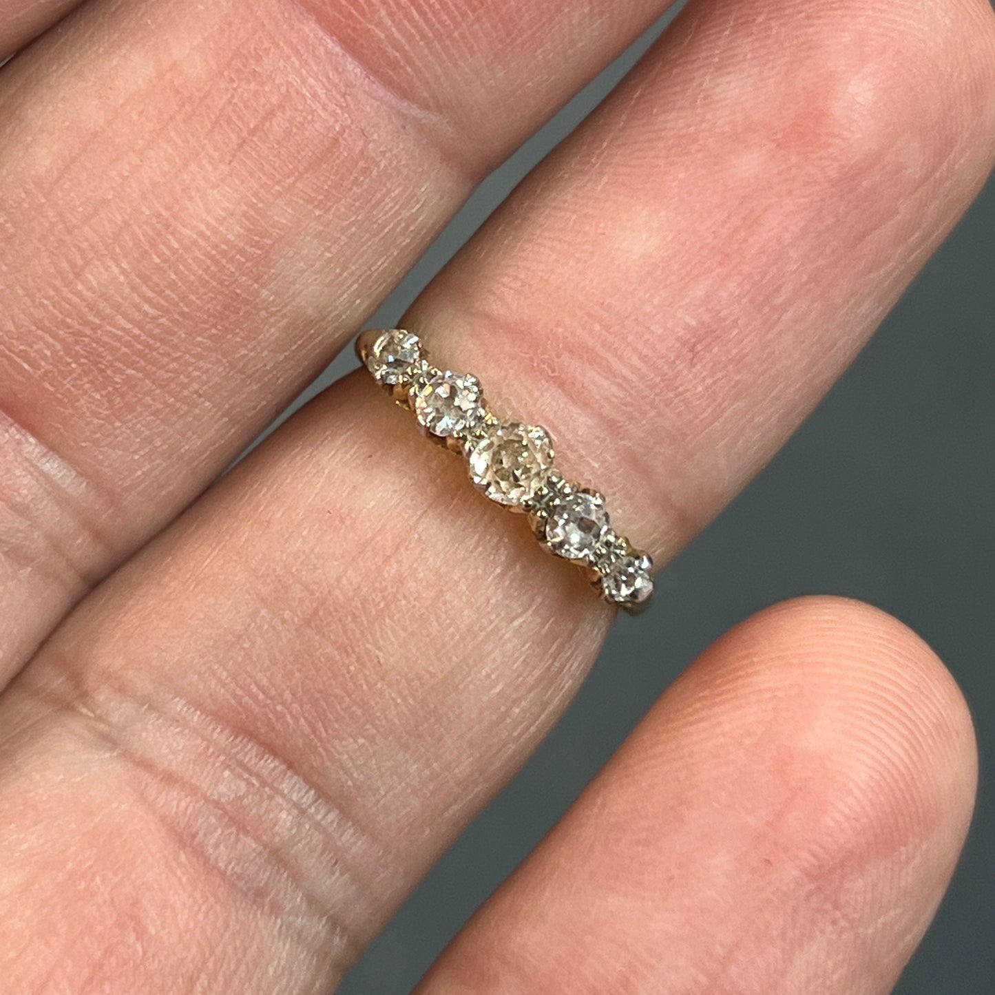 Antique Victorian Old European Cut Diamond + 18k Yellow Gold + Platinum 5 Stone Ring - Sz 5.5