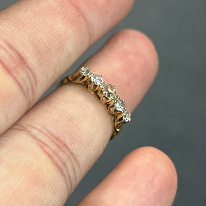 Antique Victorian Old European Cut Diamond + 18k Yellow Gold + Platinum 5 Stone Ring - Sz 5.5