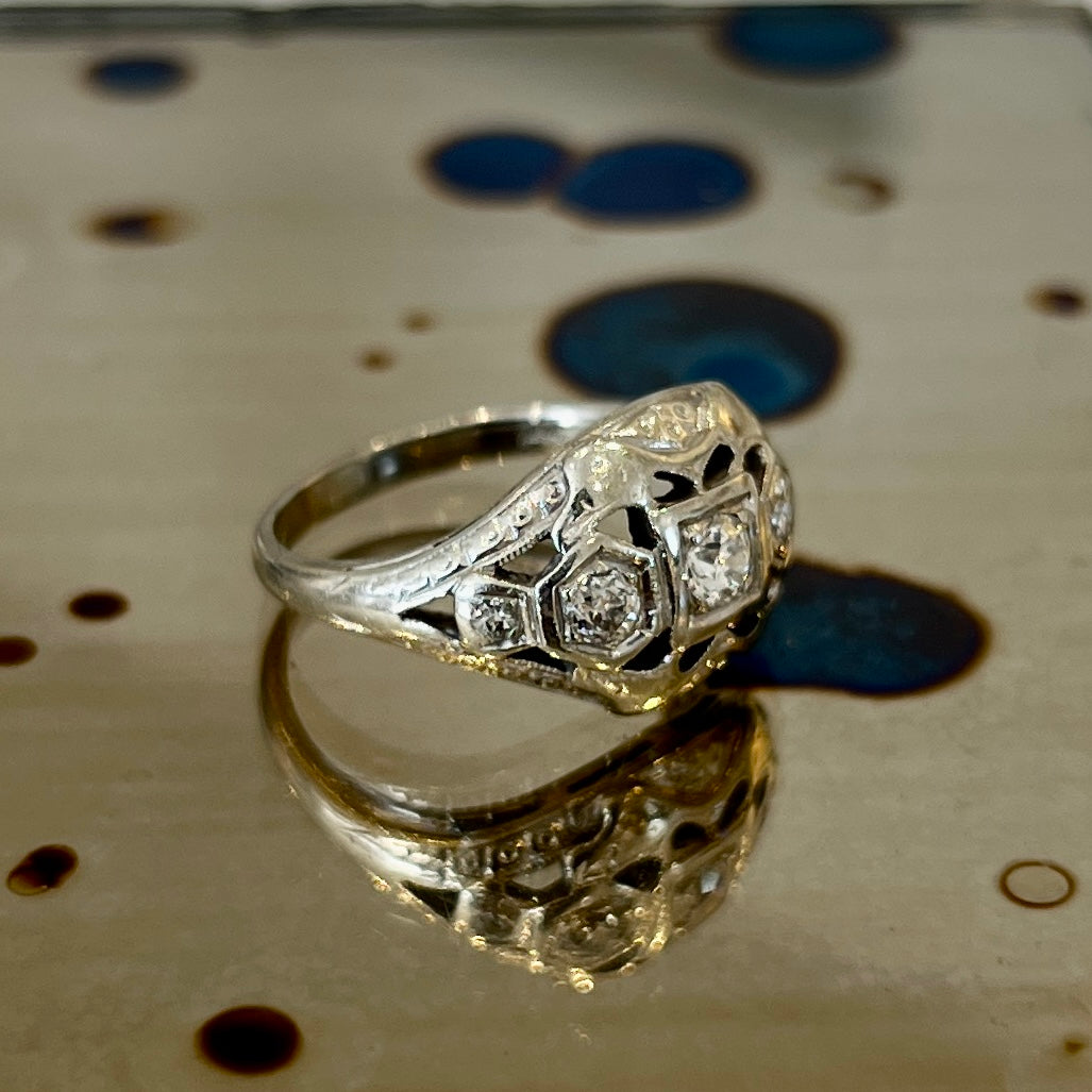Antique Art Deco Diamond + 14k White Gold Ring - Sz. 5.25