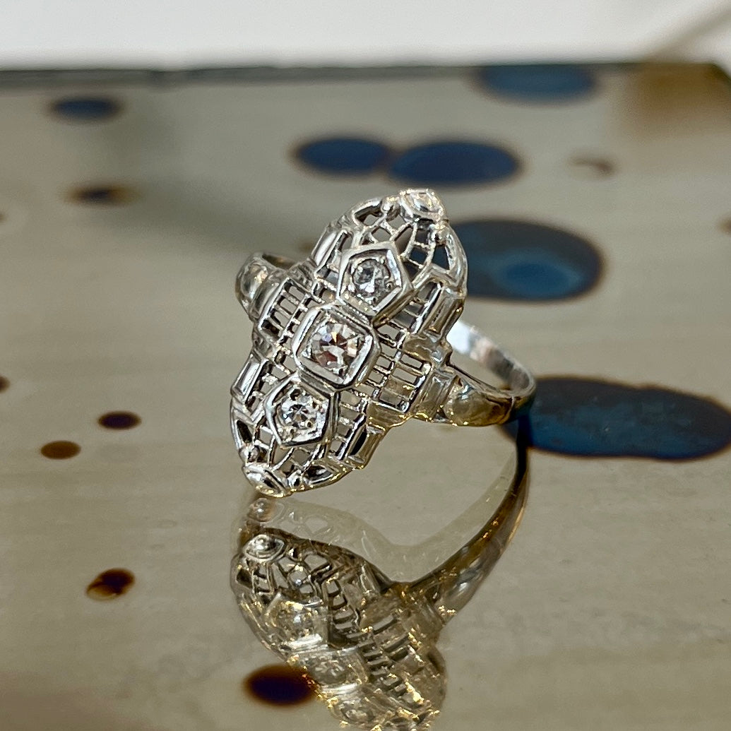 Antique Art Deco Diamond + 14k White Gold Navette Ring - Sz. 6.5