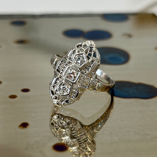 Antique Art Deco Diamond + 14k White Gold Navette Ring - Sz. 6.5