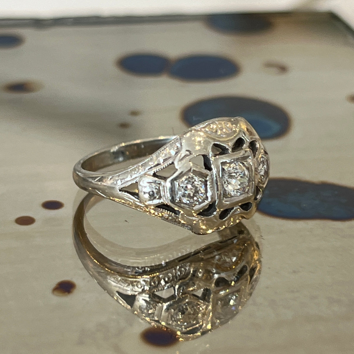Antique Art Deco Diamond + 14k White Gold Ring - Sz. 5.25