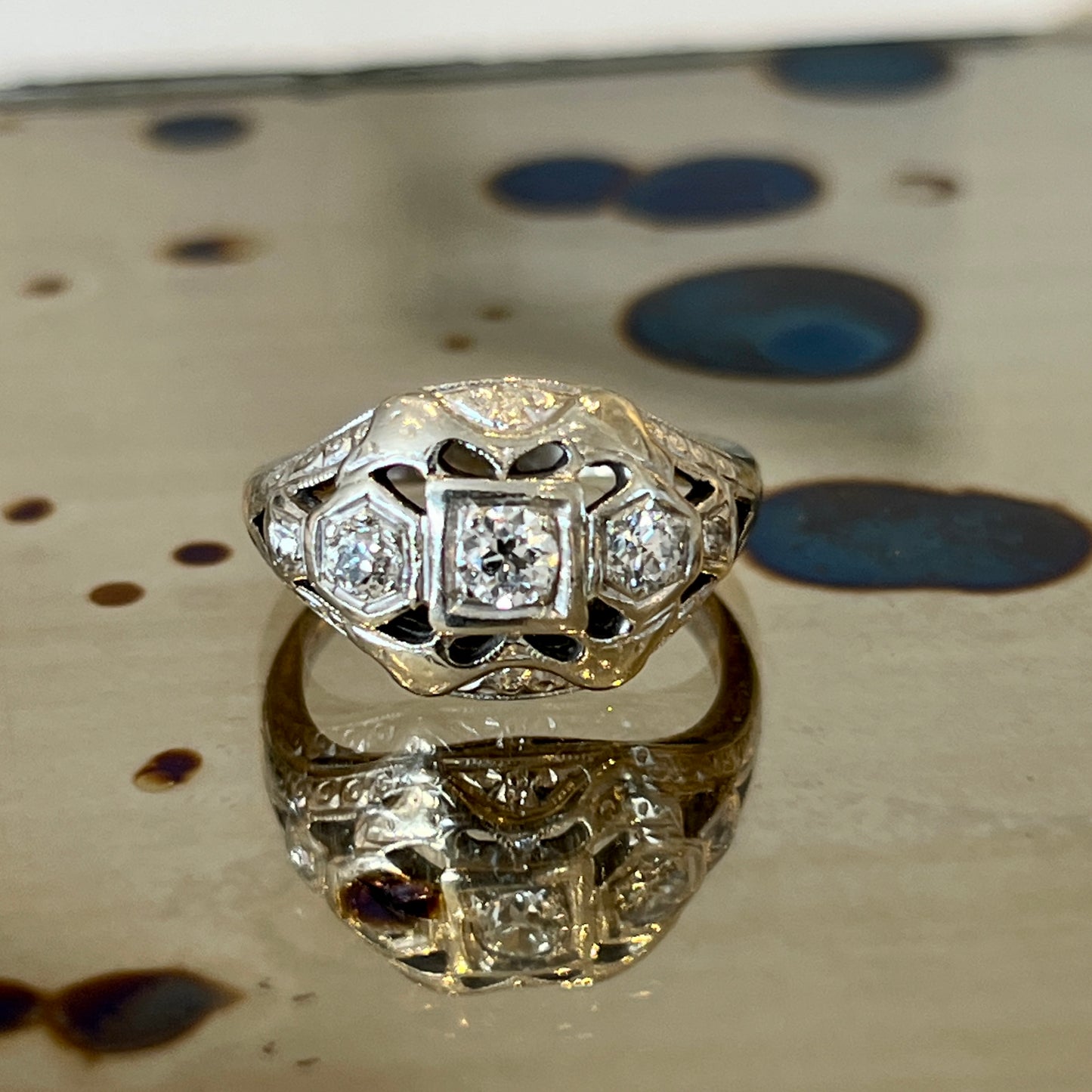 Antique Art Deco Diamond + 14k White Gold Ring - Sz. 5.25