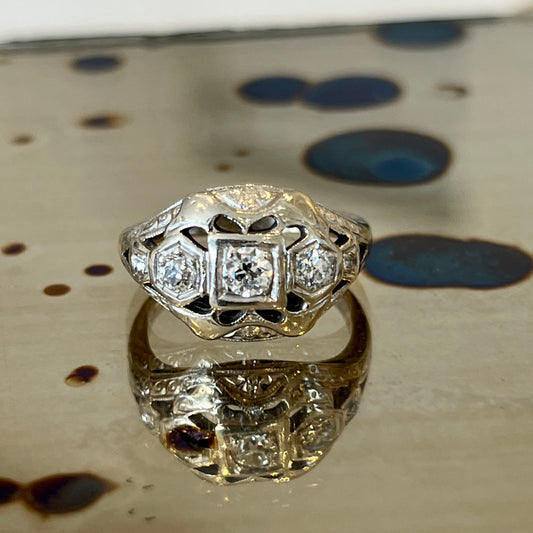 Antique Art Deco Diamond + 14k White Gold Ring - Sz. 5.25