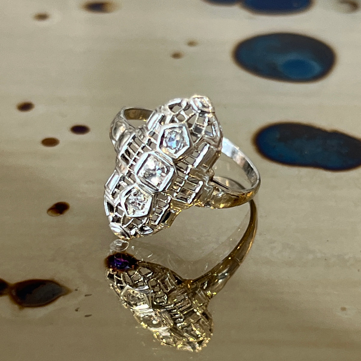Antique Art Deco Diamond + 14k White Gold Navette Ring - Sz. 6.5