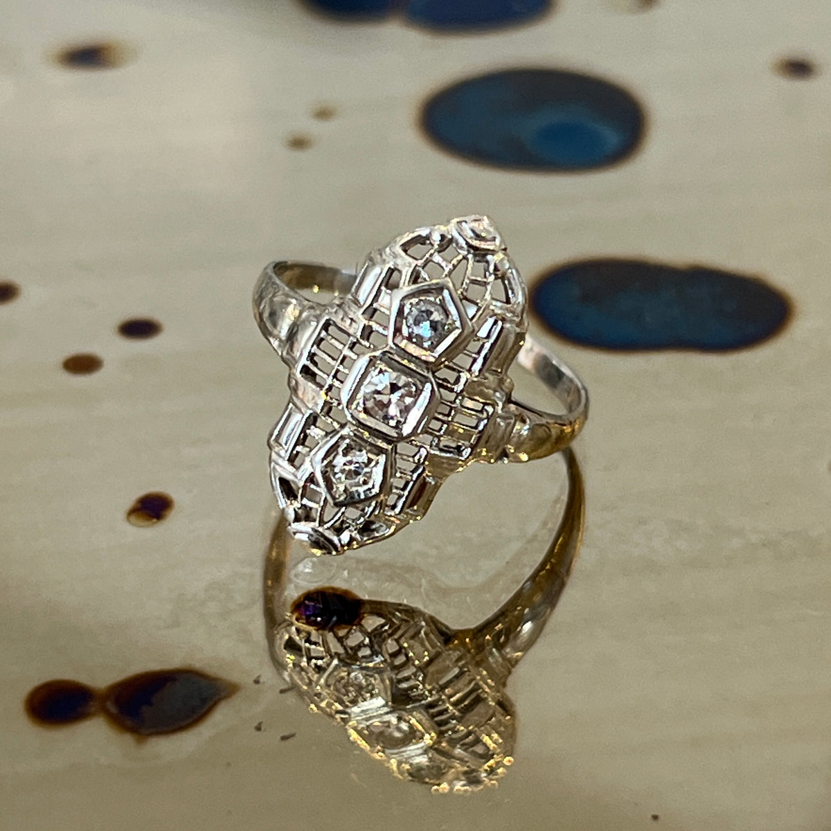 Antique Art Deco Diamond + 14k White Gold Navette Ring - Sz. 6.5