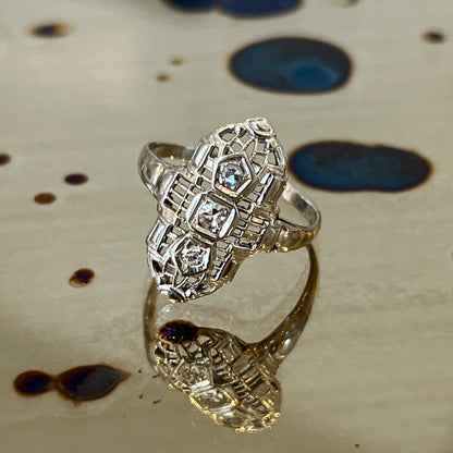 Antique Art Deco Diamond + 14k White Gold Navette Ring - Sz. 6.5