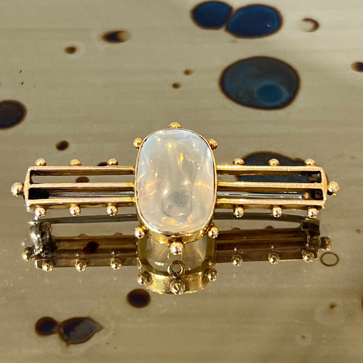 Antique Edwardian Moonstone + 14k Yellow Gold Brooch