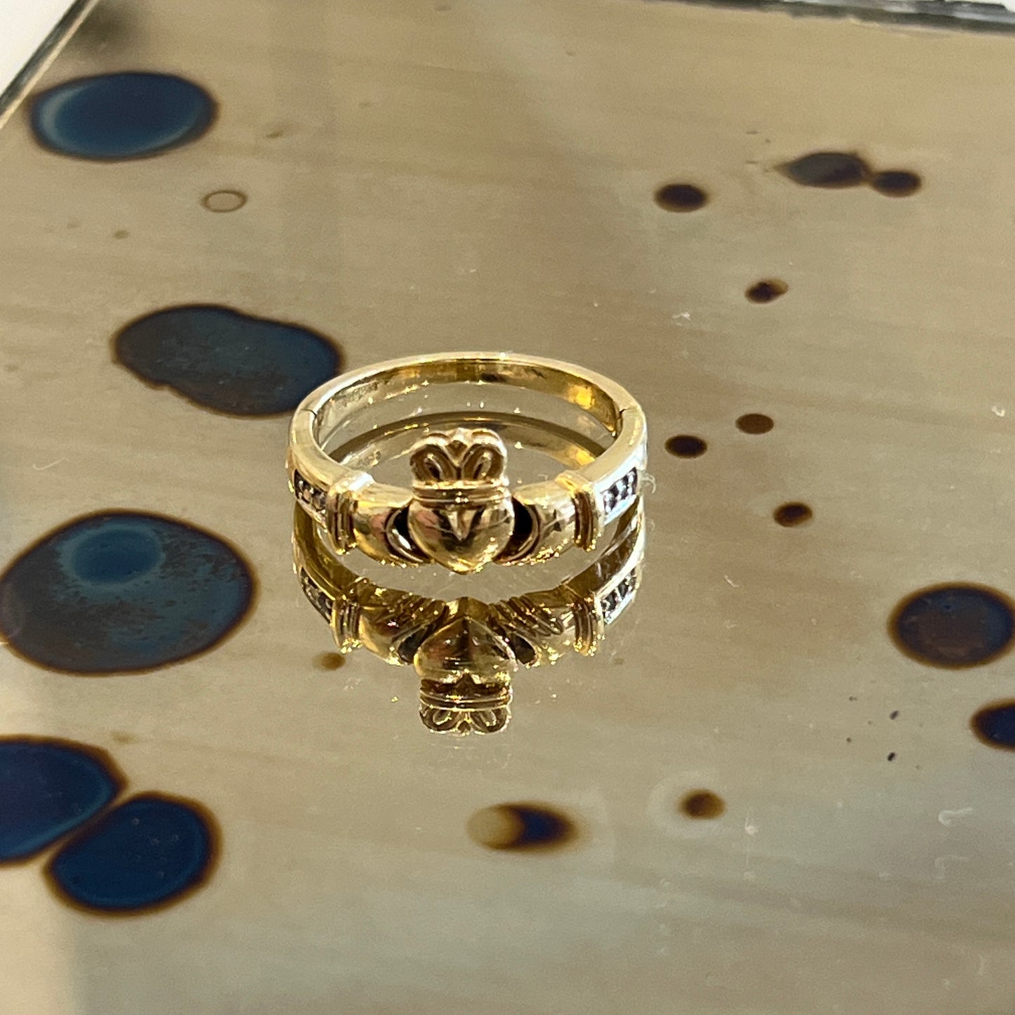 Vintage Hinged Enamel + 14k Yellow Gold Claddagh Ring - Sz. 6