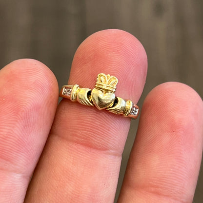 Vintage Hinged Enamel + 14k Yellow Gold Claddagh Ring - Sz. 6