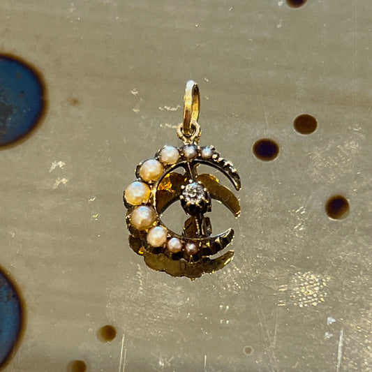 Antique Victorian Pearl + Diamond + Silver + 15ct Yellow Gold Crescent Moon Charm