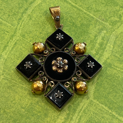 Antique Louis V Onyx + Diamond + Emerald + 19ct Yellow Gold Pendant