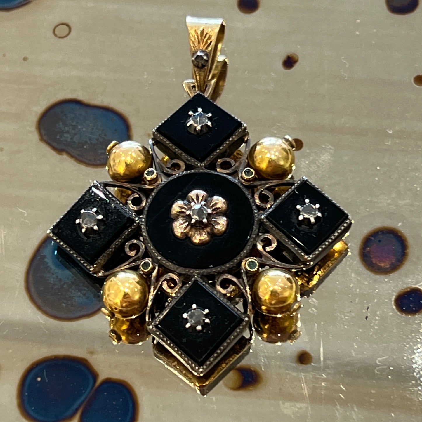 Antique Louis V Onyx + Diamond + Emerald + 19ct Yellow Gold Pendant