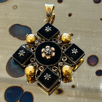 Antique Louis V Onyx + Diamond + Emerald + 19ct Yellow Gold Pendant