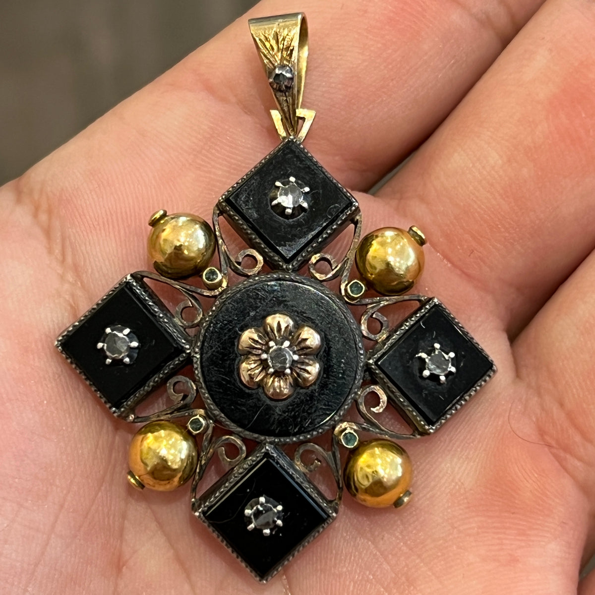 Antique Louis V Onyx + Diamond + Emerald + 19ct Yellow Gold Pendant