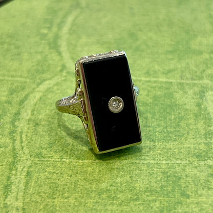Antique Art Deco Rectangular Onyx + Diamond + 14k White Gold Ring - Sz. 4.75