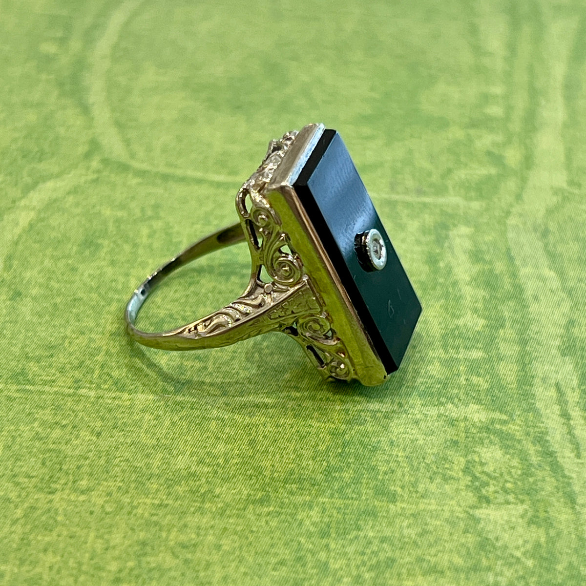 Antique Art Deco Rectangular Onyx + Diamond + 14k White Gold Ring - Sz. 4.75