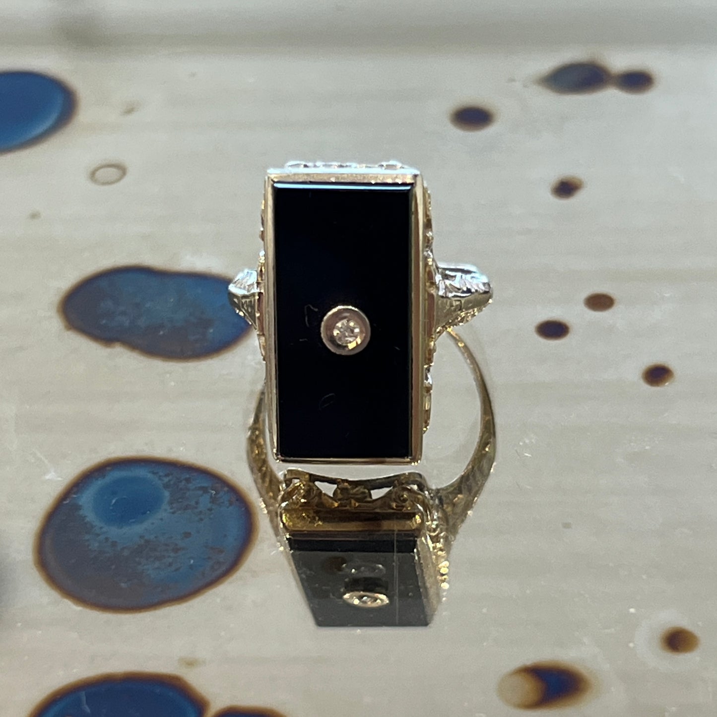Antique Art Deco Rectangular Onyx + Diamond + 14k White Gold Ring - Sz. 4.75