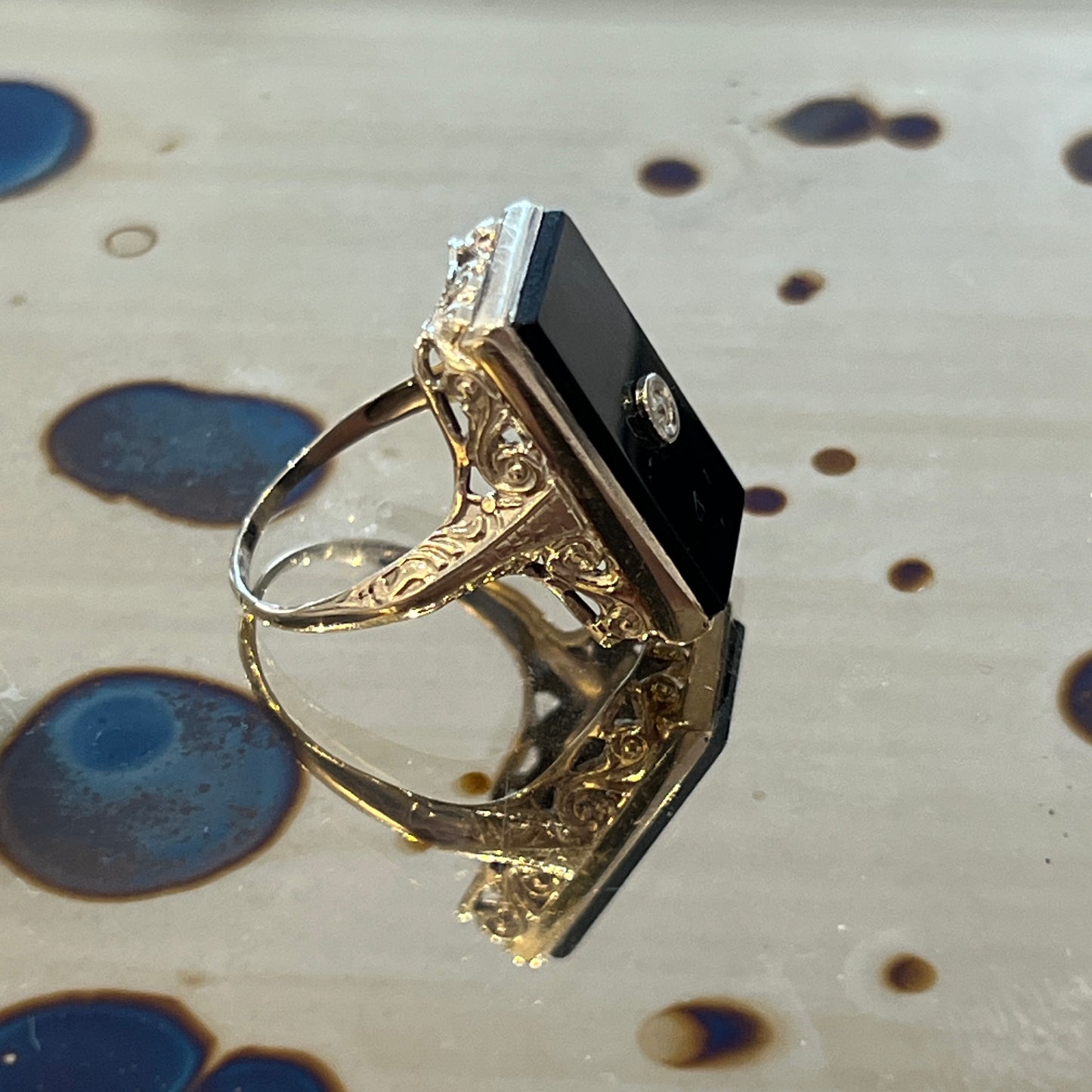 Antique Art Deco Rectangular Onyx + Diamond + 14k White Gold Ring - Sz. 4.75