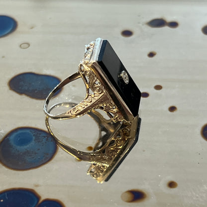 Antique Art Deco Rectangular Onyx + Diamond + 14k White Gold Ring - Sz. 4.75