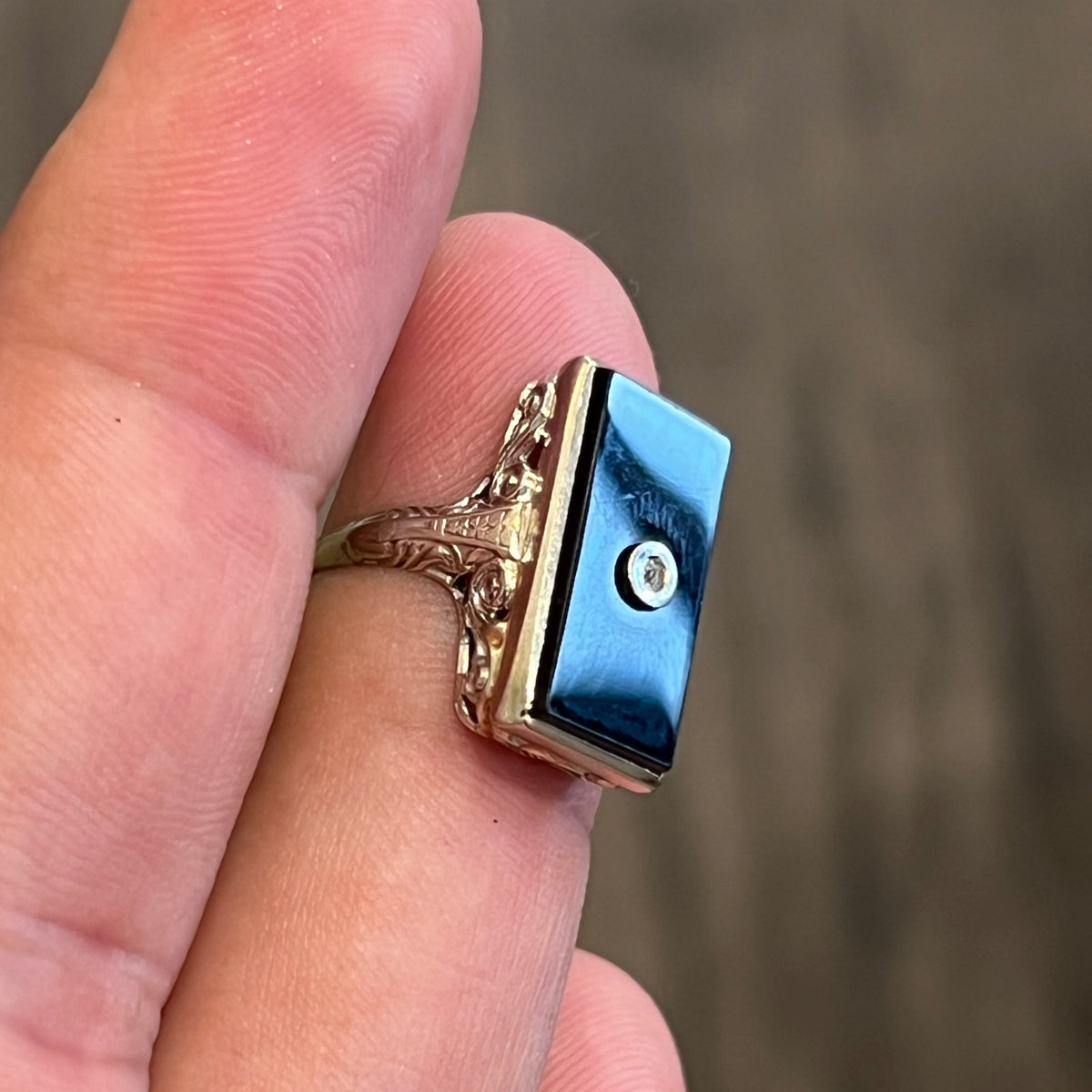 Antique Art Deco Rectangular Onyx + Diamond + 14k White Gold Ring - Sz. 4.75