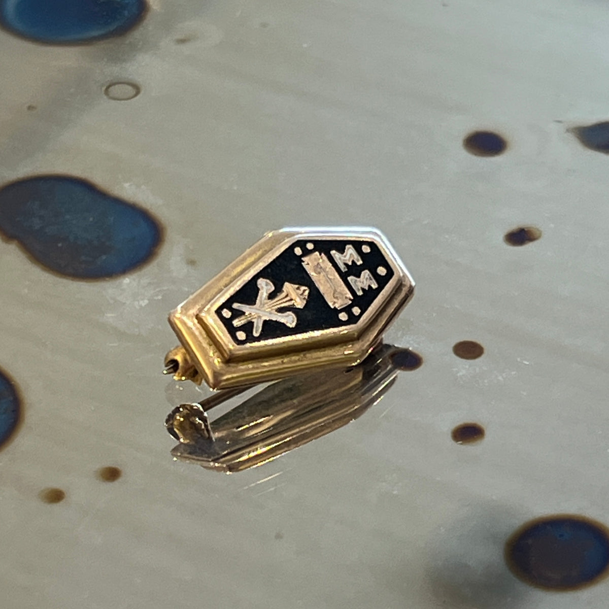 Vintage Black Enamel + 10k Yellow Gold Coffin Pin