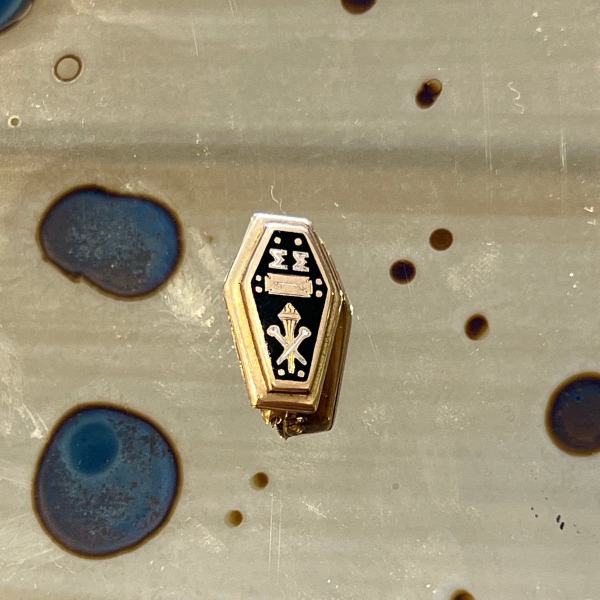 Vintage Black Enamel + 10k Yellow Gold Coffin Pin