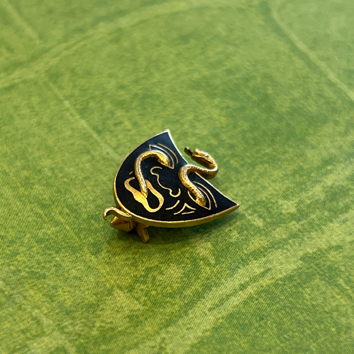Vintage Black Enamel + 14k Yellow Gold Face & Snake Brooch