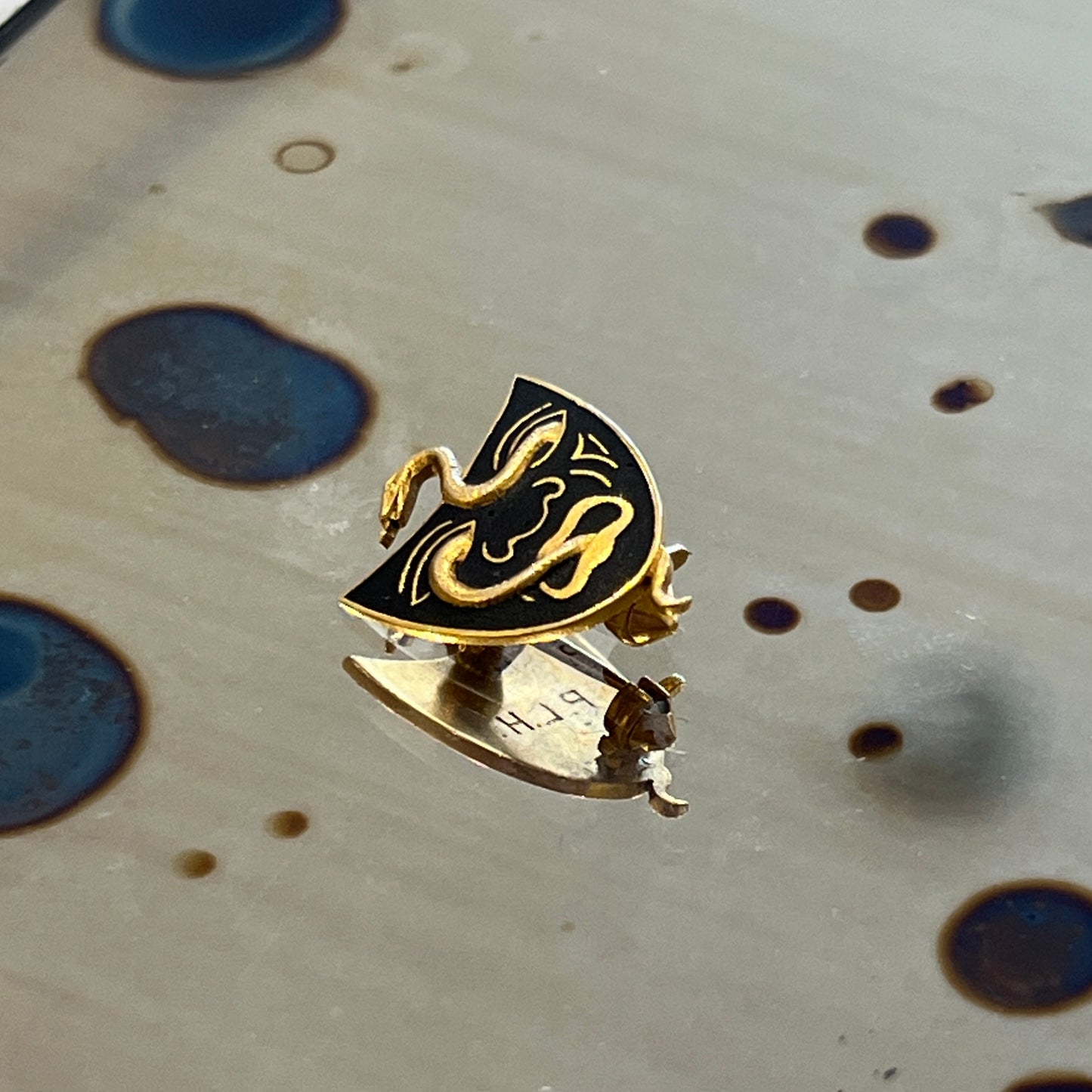 Vintage Black Enamel + 14k Yellow Gold Face & Snake Brooch
