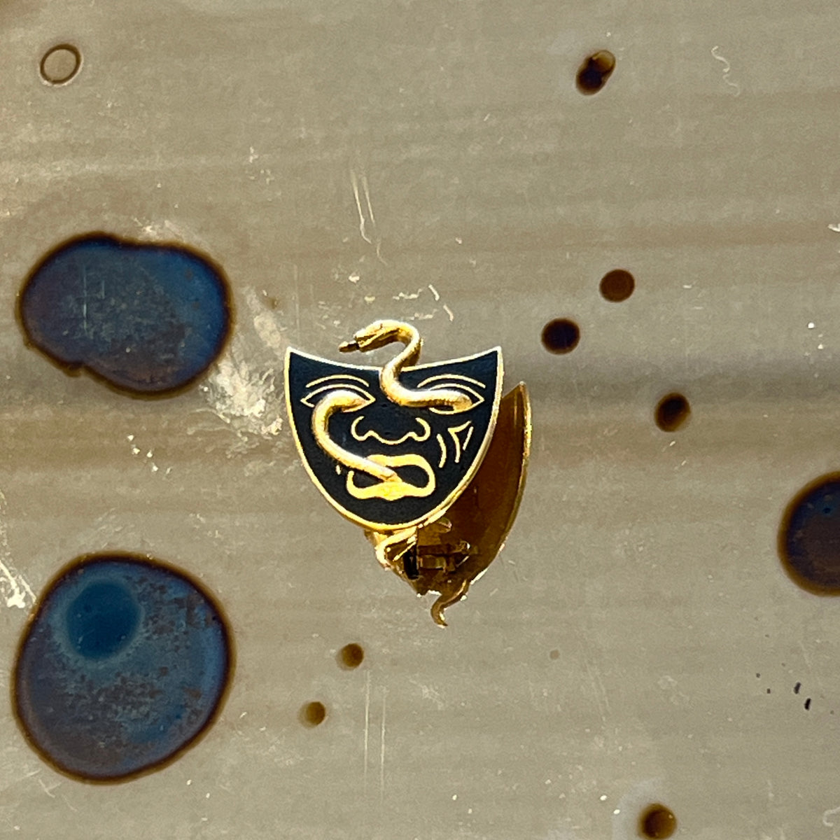 Vintage Black Enamel + 14k Yellow Gold Face & Snake Brooch