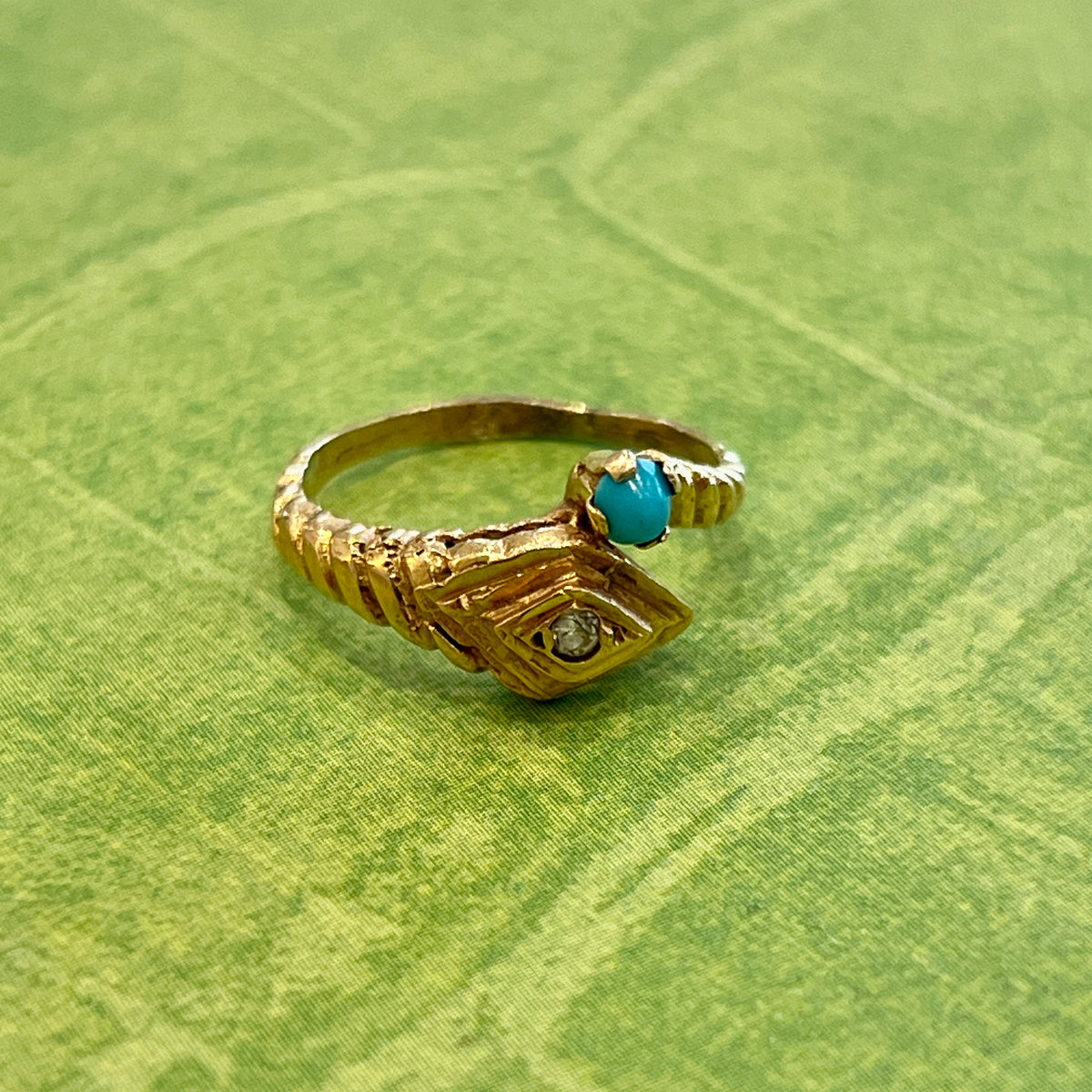 Vintage Turquoise + Zirconia + 18k Yellow Gold Snake Ring - Sz. 5