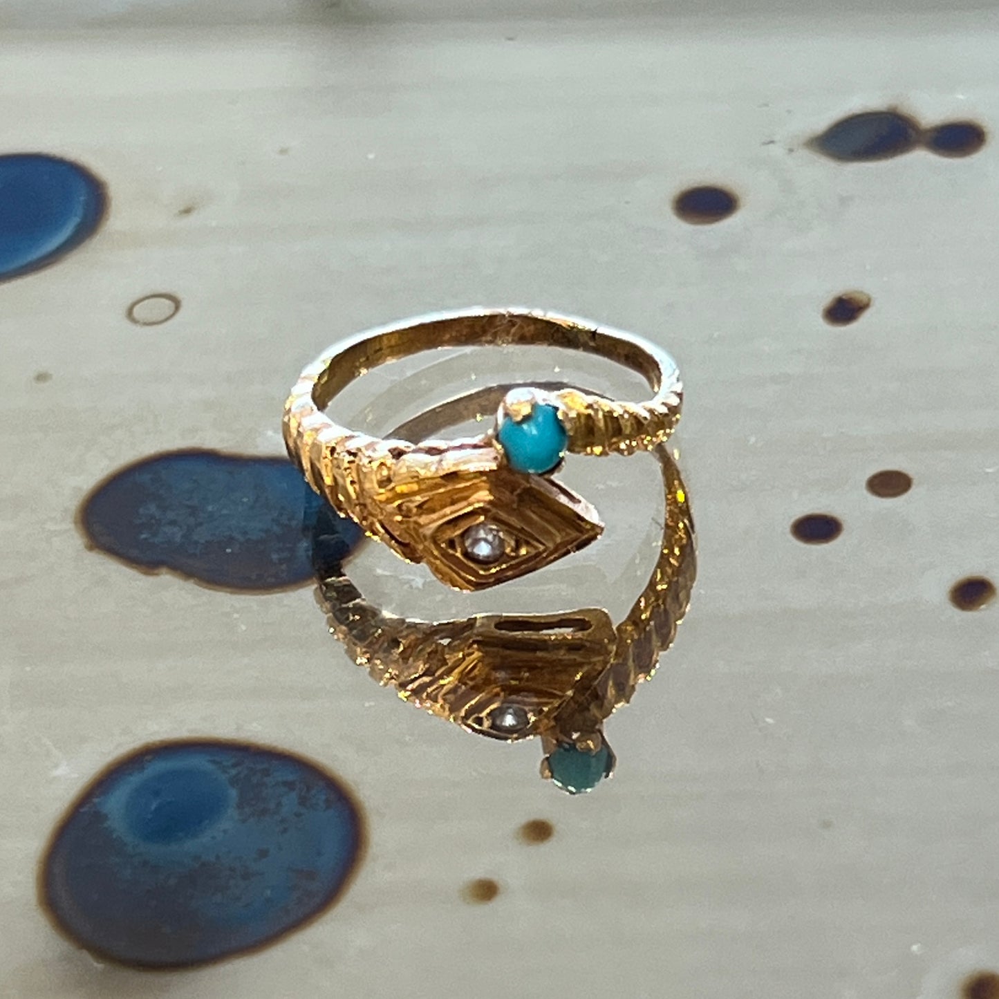 Vintage Turquoise + Zirconia + 18k Yellow Gold Snake Ring - Sz. 5