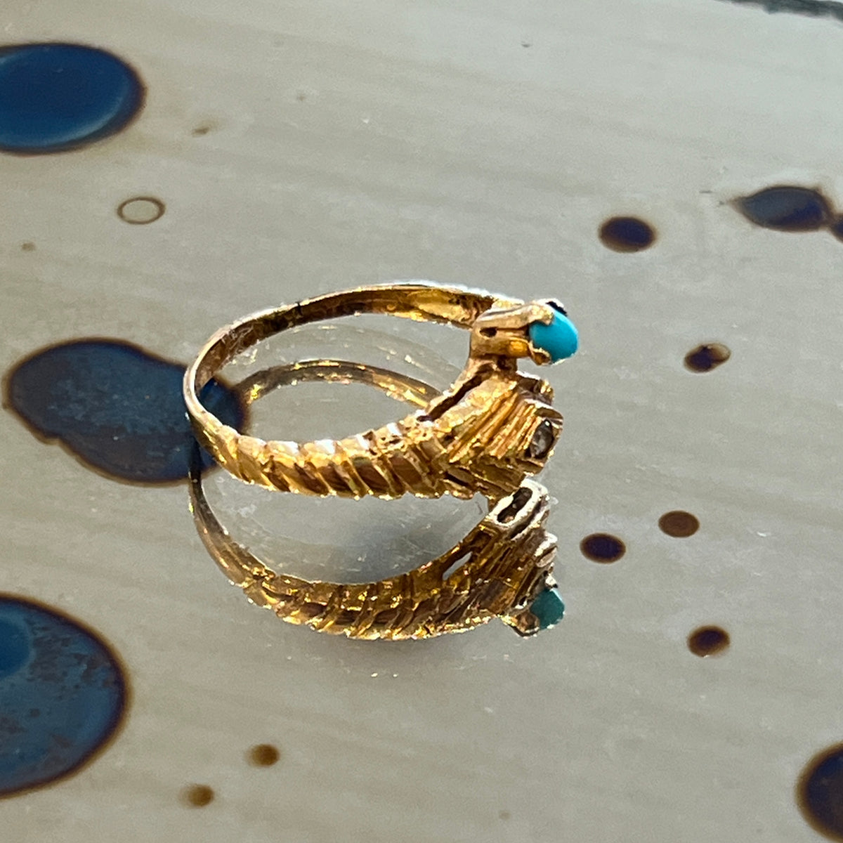 Vintage Turquoise + Zirconia + 18k Yellow Gold Snake Ring - Sz. 5