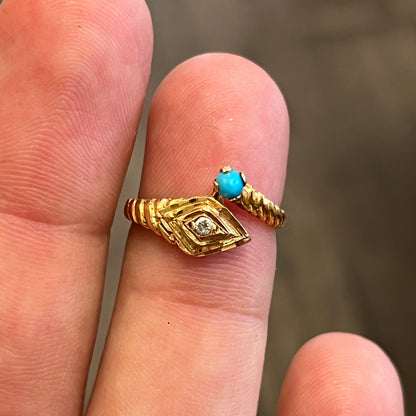 Vintage Turquoise + Zirconia + 18k Yellow Gold Snake Ring - Sz. 5