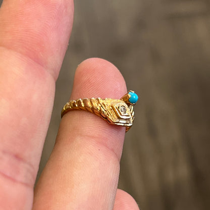 Vintage Turquoise + Zirconia + 18k Yellow Gold Snake Ring - Sz. 5