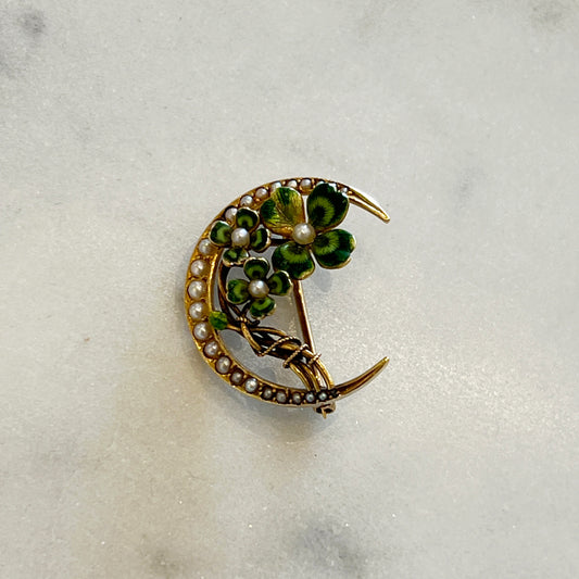 Antique Art Nouveau Pearl + Enamel + 14k Yellow Gold 4 Leaf Clover Brooch